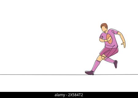 Un disegno su una sola linea di giovani giocatori di rugby allenati e praticati nell'illustrazione vettoriale del campo. Concetto sportivo a contatto con tutta la carrozzeria. Moderno Illustrazione Vettoriale