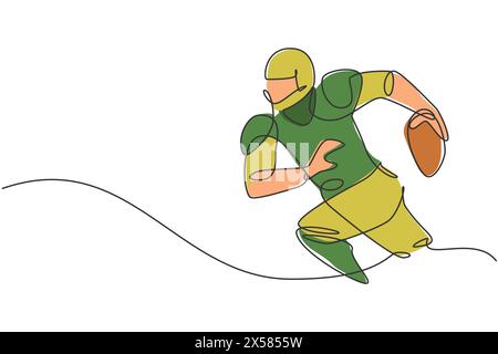 Un unico disegno continuo di un giovane agile giocatore di football americano che corre mentre tiene la palla per i media della competizione. Concetto di esercizio sportivo. Illustrazione Vettoriale