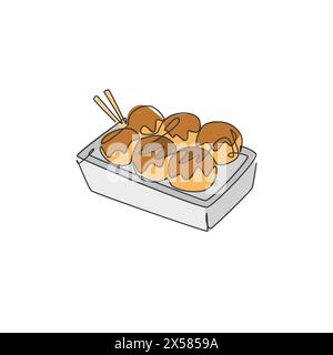 Un disegno a linea singola del logo della palla takoyaki giapponese fresca. Menu di pesce da caffetteria e concetto distintivo del ristorante. conti moderni Illustrazione Vettoriale