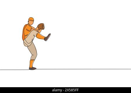 Un disegno su una sola linea di un giovane energico giocatore di baseball si pratica a lanciare l'illustrazione del vettore della palla. Concetto di allenamento sportivo. Continuo moderno Illustrazione Vettoriale