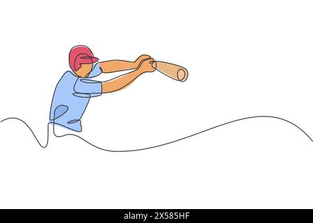 Un unico disegno continuo di un giovane agile giocatore di baseball si pratica per colpire la palla. Concetto di esercizio sportivo. Vettoriale di design a una linea di tendenza Illustrazione Vettoriale