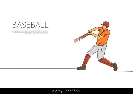 Un unico disegno continuo di un giovane agile giocatore di baseball si pratica per colpire la palla sul campo. Concetto di esercizio sportivo. Design a una linea alla moda V Illustrazione Vettoriale