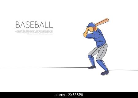 Linea singola continua che disegna una giovane agile giocatrice di baseball che pratica per colpire la palla. Concetto di esercizio sportivo. Grafica di tendenza con disegno a una linea Illustrazione Vettoriale