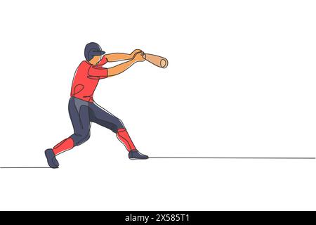 Un disegno su una sola linea di un giovane energico giocatore di baseball si pratica per colpire l'illustrazione del vettore della palla. Concetto di allenamento sportivo. Moderno e continuo Illustrazione Vettoriale