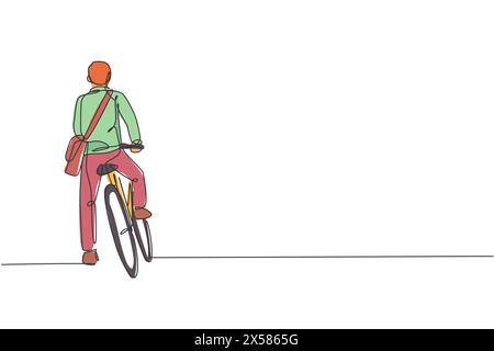 Disegno a linea singola continua di un giovane manager professionista che va in bicicletta fino all'ufficio, vista posteriore. Bicicletta al lavoro, concetto di trasporto ecologico Illustrazione Vettoriale