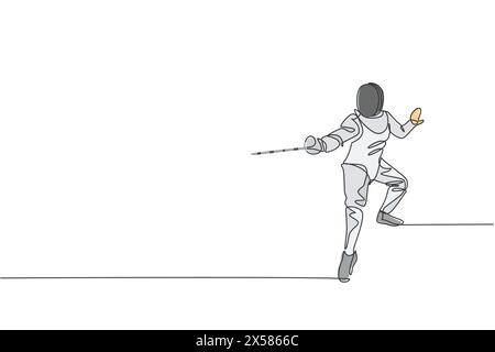 Una linea singola che disegna il giovane atleta dello scherma in costume da scherma esercitando l'illustrazione vettoriale Illustrazione Vettoriale