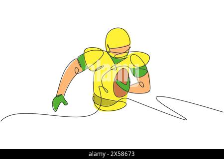 Un disegno continuo del giovane uomo felice giocatore di football americano che corre e tiene la palla per il poster della competizione. Concetto di lavoro di squadra sportivo. Dyna Illustrazione Vettoriale