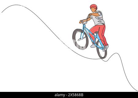 Disegno a linea continua di un giovane ciclista BMX che vola sul trick aereo nello skatepark. Stile libero BMX. Design elegante a una linea Illustrazione Vettoriale