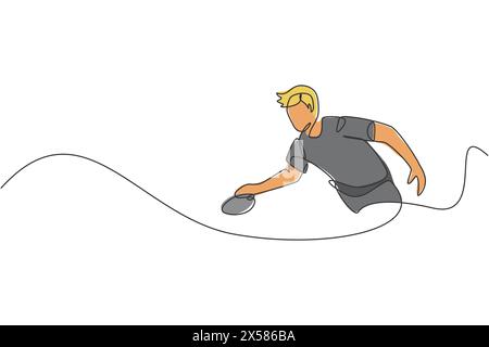 Un disegno continuo di un giovane sportivo tennistavolista si concentra sulla pratica. Concetto di sport competitivo. Grafico vettoriale disegno a linea singola Illustrazione Vettoriale