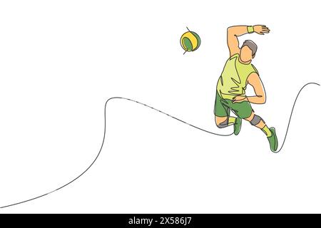 Un disegno continuo di un giovane giocatore professionista di pallavolo in azione che salta sul campo. Sano concetto di sport di squadra competitivo. DIN Illustrazione Vettoriale