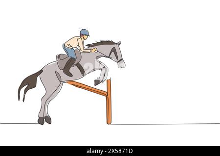 Un disegno su una sola linea di un giovane cavaliere che esegue dressage saltando la grafica dell'illustrazione del vettore di prova dell'ostacolo. Spettacolo di sport equestre compet Illustrazione Vettoriale