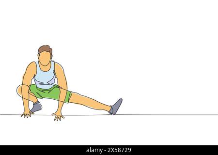 Un disegno continuo di un giovane uomo sportivo che si allena allungando la gamba nel centro fitness. Concetto di sport fitness sano. Canto dinamico Illustrazione Vettoriale