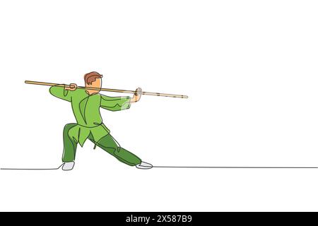 Un disegno continuo di un giovane maestro wushu, guerriero kung fu in kimono con un lungo personale in addestramento. Concetto di competizione di arte marziale. Dinam Illustrazione Vettoriale