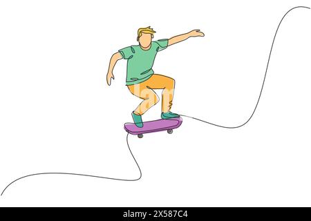 Disegnare una singola linea continua di un giovane uomo skateboarder che cavalca pattinaggio e fa il salto nello skate Park. Pratica di sport all'aperto. Illustrazione Vettoriale