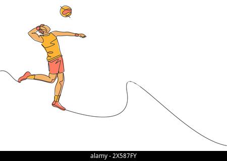 Disegno a linea singola di un giovane atleta di pallavolo maschile in azione che salta picchi sul campo. Concetto di sport di squadra. Gioco di competizione. Alla moda Illustrazione Vettoriale