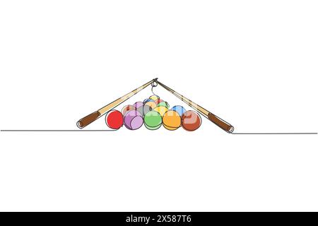 Disegno a linea singola continua di palle piramidali triangolari per giocare a biliardo nella sala biliardo. Concetto di gioco sportivo al coperto. dr. A una linea alla moda Illustrazione Vettoriale