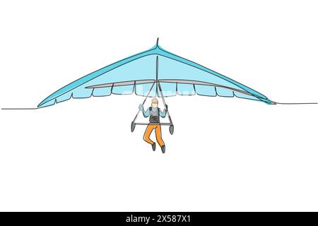 Disegno a linea singola continua di un giovane turista che vola con paracadute per deltaplano sul cielo. Concetto di vacanza sportiva estrema. Uno alla moda Illustrazione Vettoriale