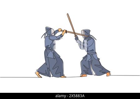 Un disegno continuo di due giovani uomini sportivi che allenano abilità di combattimento con kendo con sparring nel centro dojo. Sano concetto di sport di arte marziale. DIN Illustrazione Vettoriale