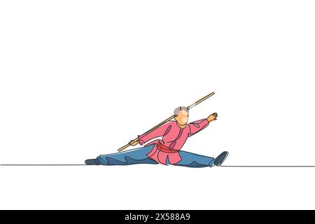 Un disegno continuo del maestro wushu, guerriero kung fu in kimono con un lungo bastone in addestramento. Concetto di competizione di arte marziale. Dinam Illustrazione Vettoriale