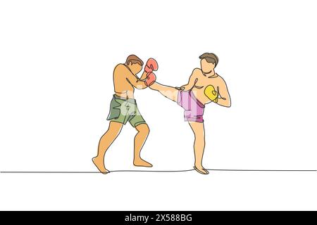 Un disegno su una sola linea del giovane uomo energico kickboxer pratica con personal trainer nell'illustrazione grafica vettoriale dell'arena di boxe. Stile di vita sano Illustrazione Vettoriale