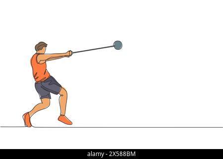 Un disegno continuo di un giovane uomo sportivo da mettere a fuoco prima di lanciare il martello sul campo. Giochi sportivi. Concetto di sport olimpico. Peccato dinamico Illustrazione Vettoriale
