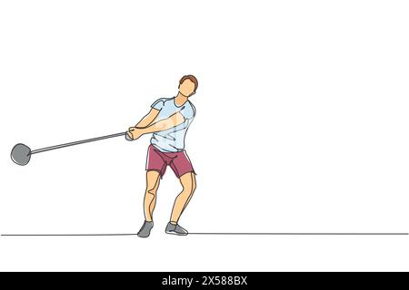 Un unico disegno continuo di un giovane sportivo si pratica per concentrarsi mentre alza il martello sullo stadio. Concetto di sport per i giochi sportivi. Illustrazione Vettoriale