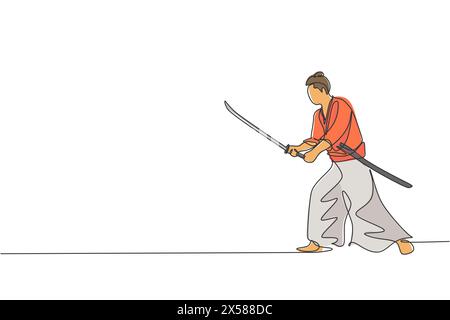 Un disegno continuo di un giovane guerriero samurai coraggioso si posa pronto ad attaccare durante la sessione di allenamento. Concetto di sport combattivo di arti marziali. Si dinamico Illustrazione Vettoriale