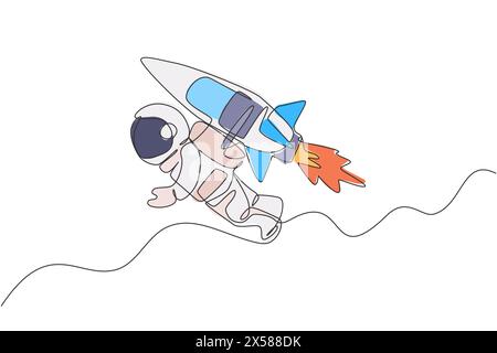 Linea singola continua che disegna astronauta in tuta spaziale che vola nello spazio con un veicolo spaziale a razzo jetpack. Scienza e concetto di astronomia lattiginosa. Tendenza Illustrazione Vettoriale