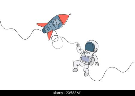 Un disegno su una sola linea di astronauta in tuta spaziale che galleggia e scopre lo spazio profondo con l'illustrazione vettoriale della navicella spaziale a razzo. Esplorando lo spazio Illustrazione Vettoriale