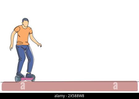 Un disegno su una sola linea di un giovane uomo energico che cavalca l'hoverboard nell'illustrazione vettoriale del parco cittadino. Il futuro trasporto con giroscooter. Stile di vita sano spo Illustrazione Vettoriale