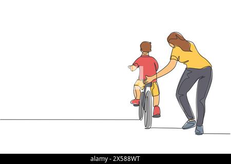 Disegnare una singola linea continua di bambini che imparano a cavalcare in bicicletta con la madre nel parco all'aperto. Lezione di genitorialità. Concetto del tempo per la famiglia. Uno alla moda Illustrazione Vettoriale