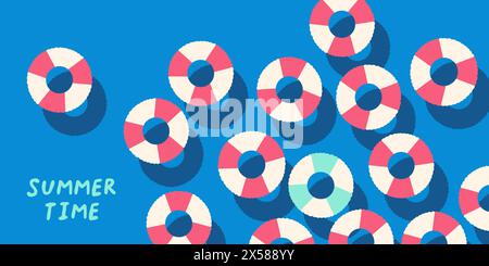 Modello di vendita estiva con testo ora legale. Banner, poster con vista dall'alto dell'anello di nuoto. Pubblicità, banner di vendita Illustrazione Vettoriale