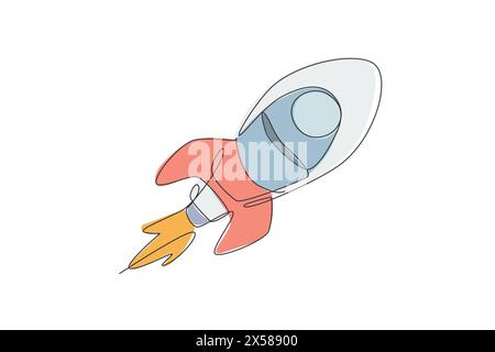 Una linea continua di semplici veicoli spaziali retrò che volano fino alla nebulosa spaziale. Lancio di una navicella spaziale nel concetto dell'universo. Si dinamica Illustrazione Vettoriale