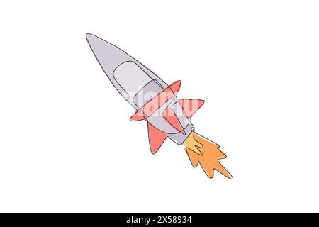 Una linea continua di semplici veicoli spaziali retrò che volano fino alla nebulosa spaziale. Lancio di una navicella spaziale nel concetto dell'universo. Si dinamica Illustrazione Vettoriale