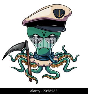 Personaggio dei cartoni animati malvagio capitano marino polpo con un'ascia nel tentacolo. Illustrazione per fumetti fantasy, fantascienza e avventura Illustrazione Vettoriale