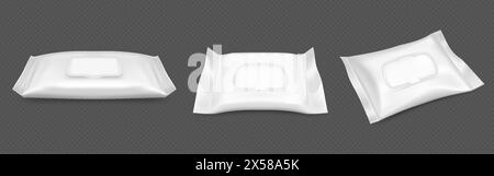 Confezione di panni umidi con risvolto in plastica. Set vettoriale 3d realistico di vista frontale e laterale su confezione di tessuti igienici chiusa bianca. Modello di sacchetto o contenitore per tovagliolo antibatterico igienico. Illustrazione Vettoriale