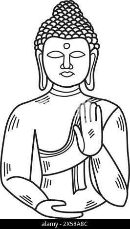 Disegno di una statua di Buddha con una mano sul petto. La statua è in una posa di pace e serenità Illustrazione Vettoriale