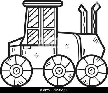Un disegno in bianco e nero di un trattore. Il trattore è disegnato in stile cartoni animati e ha un aspetto giocoso e stravagante. Il design del trattore è Illustrazione Vettoriale