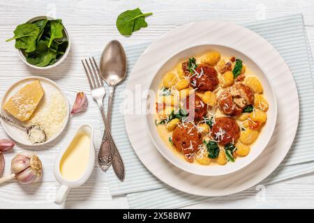 polpette di pollo toscano con gnocchi in salsa cremosa con pomodori secchi e foglie di spinaci in una ciotola bianca su un tavolo di legno bianco con ingredienti, Foto Stock