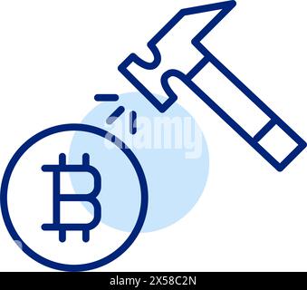 Estrazione di Bitcoin. Martello e moneta. Corsa all'oro digitale. Pixel Perfect, icona traccia modificabile Illustrazione Vettoriale