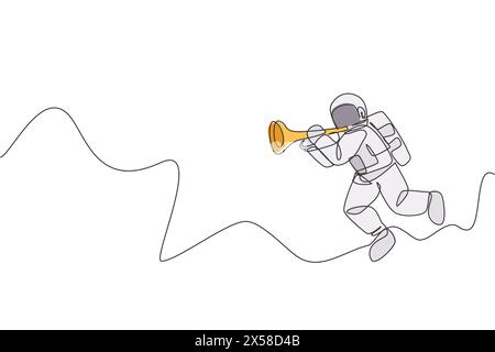 Un disegno continuo di astronauta con tuta spaziale che gioca a tromba nell'universo galassico. Concerto di musica spaziale e concetto di orchestra. Dinamica S Illustrazione Vettoriale