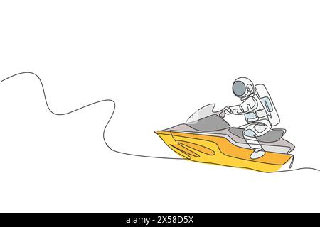 Disegno a linea singola continua dell'astronauta jetski sulla superficie lunare, nello spazio profondo. Astronomia spaziale galassia sport concetto. Una linea alla moda d Illustrazione Vettoriale