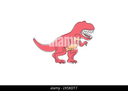 Disegno a linea singola continua di spaventosi dinosauri tyrannosaurus rex. Logo del museo preistorico. Linea vettoriale grafica a una linea di tendenza Illustrazione Vettoriale