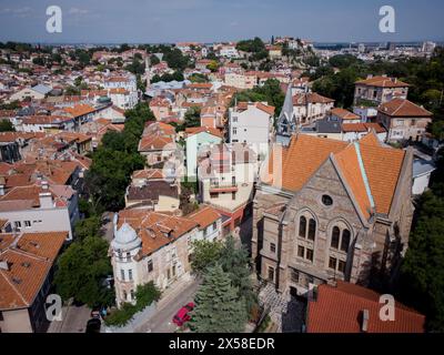 Vista dai droni sui tetti della città di Plovdiv Foto Stock