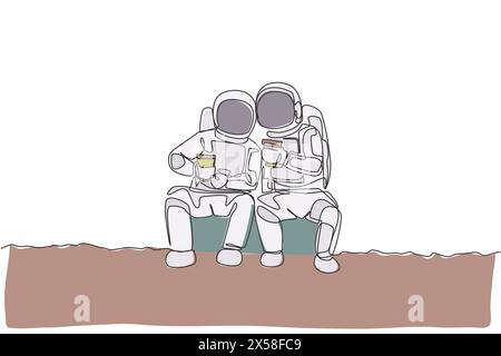 Una linea singola che disegna due giovani astronauti felici seduti mentre bevono un caffè insieme nell'illustrazione grafica vettoriale della superficie lunare. Esterno cosmonauta Illustrazione Vettoriale
