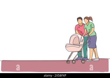 Un disegno a linea singola di mamma e padre felici che spingono insieme il baby trolley e un'illustrazione grafica vettoriale del parco all'aperto. Educazione genitoriale Illustrazione Vettoriale