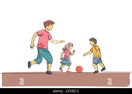 Un disegno su una linea del giovane padre corre e gioca a calcio con suo figlio e sua figlia al parco pubblico illustrazione vettoriale. Un genitore felice Illustrazione Vettoriale