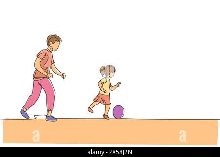 Un disegno su una sola linea del giovane papà che corre e gioca a calcio con sua figlia in un campo pubblico illustrazione vettoriale. Famiglia felice Illustrazione Vettoriale