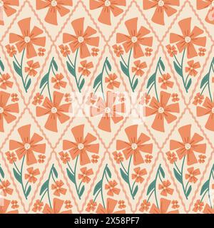 Fiori retrò senza cuciture. Sfondo rosa arancione floreale senza fine sulle forme a rombo. Piastrella ornamento geometrica ingenua fiore selvatico. Vintage Botanic Re Illustrazione Vettoriale