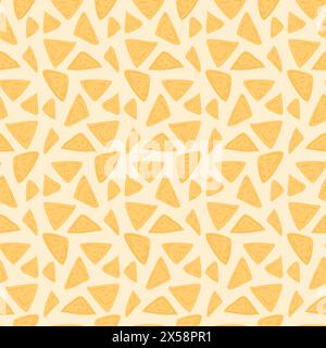 Nachos senza cuciture. La cucina messicana si ripete sullo sfondo. Copertura senza fine dei trucioli di tortilla. Illustrazione vettoriale piatta disegnata a mano. Illustrazione Vettoriale